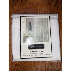 One Home Toledo Stripe Bathroom Shower Curtain 70”x72” White Gray Teal New